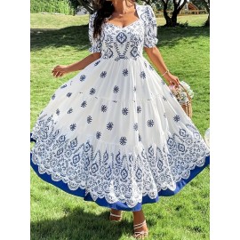 Plus Size, Women's Elegant Maxi Dress - Flared A-Line Formal & Casual Dresses, Easy-Care Hand Washable Everyday & Special Occasion Outfits, Cute Dresses, Special Event Attire, Nontransparent Fabric, Decorative Floral Print