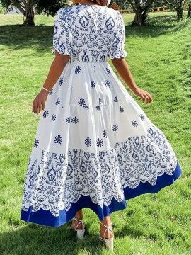 Plus Size, Women's Elegant Maxi Dress - Flared A-Line Formal & Casual Dresses, Easy-Care Hand Washable Everyday & Special Occasion Outfits, Cute Dresses, Special Event Attire, Nontransparent Fabric, Decorative Floral Print