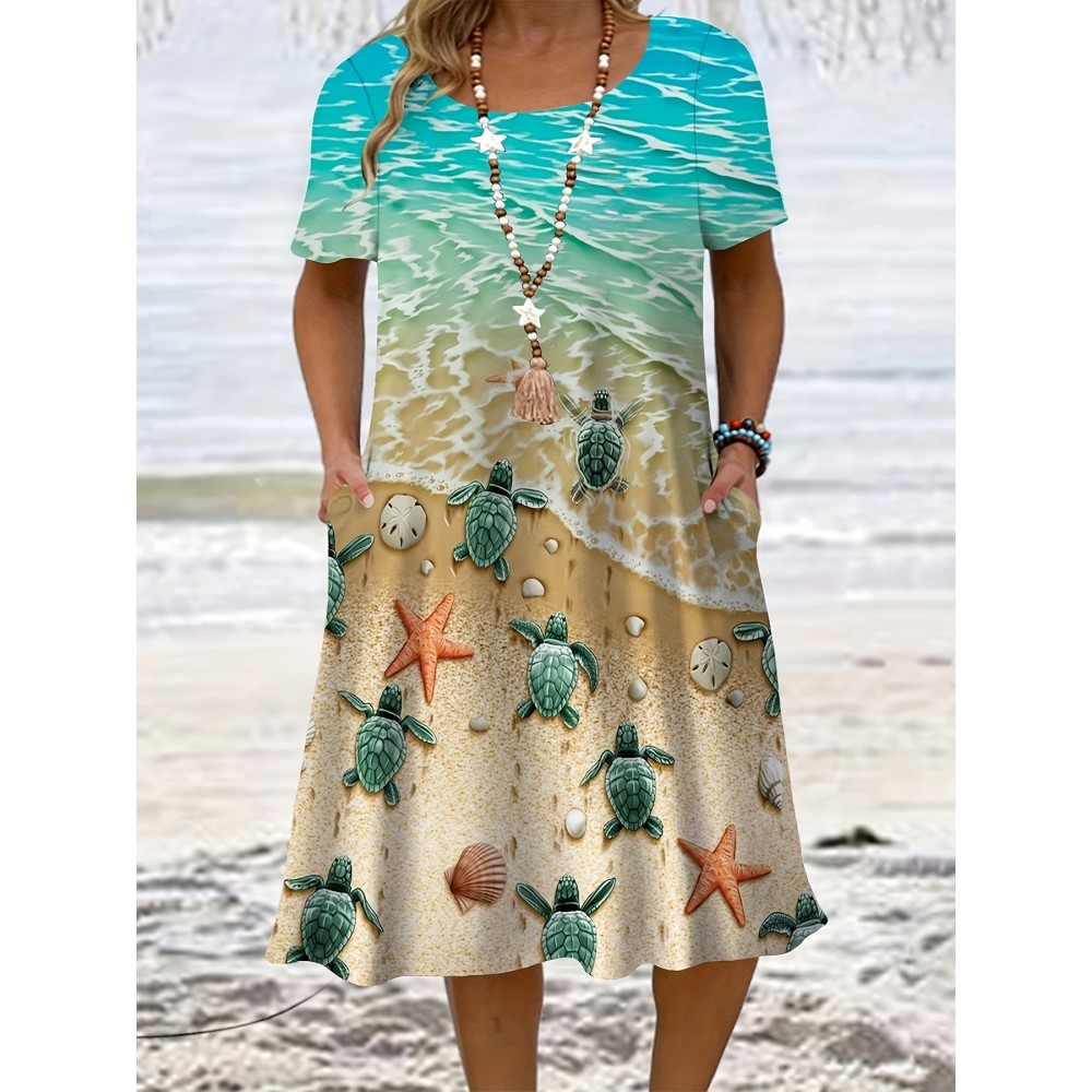 Plus Size Women's Tropical Marine Life Print Casual Dress - Soft Breathable Fabric, Loose Fit with Pockets, Vibrant Starfish & Turtle Design, Machine Washable for Spring Summer Fall Beach Outings, Beach Dress, Summer Outfit, Relaxed Fit
