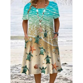 Plus Size Women's Tropical Marine Life Print Casual Dress - Soft Breathable Fabric, Loose Fit with Pockets, Vibrant Starfish & Turtle Design, Machine Washable for Spring Summer Fall Beach Outings, Beach Dress, Summer Outfit, Relaxed Fit