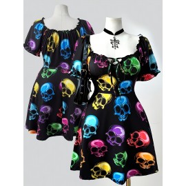 Plus Size - Plus Size, Women'S Plus Size Halloween Party Dress - Gothic Skull Print in Black, Blue, Green, Pink, Orange, Purple - Flared Hem Formal & Costume Party Outfit - Elegant Halloween Party Attire for Women, Festive Wear, Round Neckline