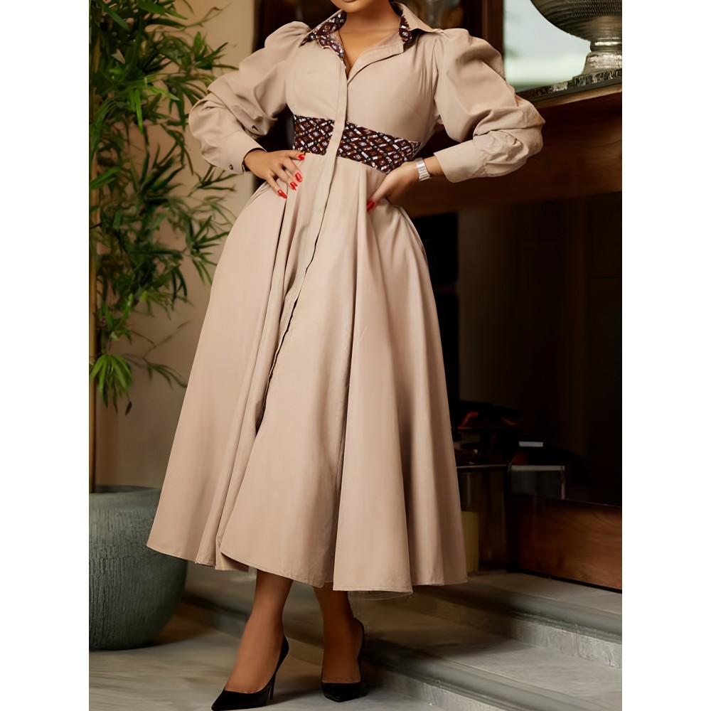 [Plus Size Elegant Maxi Dress] Elegant Plus Size Women's Beige Formal & Everyday Maxi Dress - Long Sleeve Flowy A-Line Skirt for Office, Parties, Casual Outfits | HRF194 | Quality Fabric, Professional Women