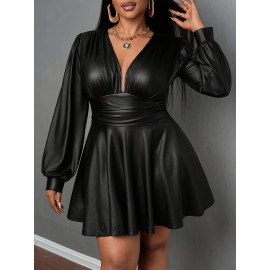 [Elegant Plus Size Dress] Plus Size Elegant V-Neck Lantern Sleeve A-Line Skirt Dress | Stretchy Fitted Party Dress with Belt, Long Sleeves & Deep Side Pockets for Casual to Formal Events, Versatile Fashion, Sophisticated Style, Smooth Texture