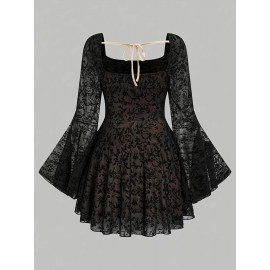 Plus Size - Elegant Plus Size Women'S Faux Fur Mesh Bell Sleeve Dress - Square Neck, Long Sleeve, Black with Golden Accents, All-Season Midi Dress for Formal Occasions, Formal Dresses Elegant, Fitted Silhouette