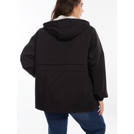 Women'S Plus Size Winter Coat, Long Sleeve, Solid Color, Polyester, Hooded, Casual Style, Open Front, Woven, A-Line Hem, No Belt, Regular Fit, Non-Waterproof