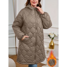 Women's Elegant Quilted Hooded Jacket with Zipper Closure - Large Square Pattern, Machine Washable, All-Season Versatile Outerwear for Casual & Formal Wear, Formal Coat, Easy Maintenance Coat