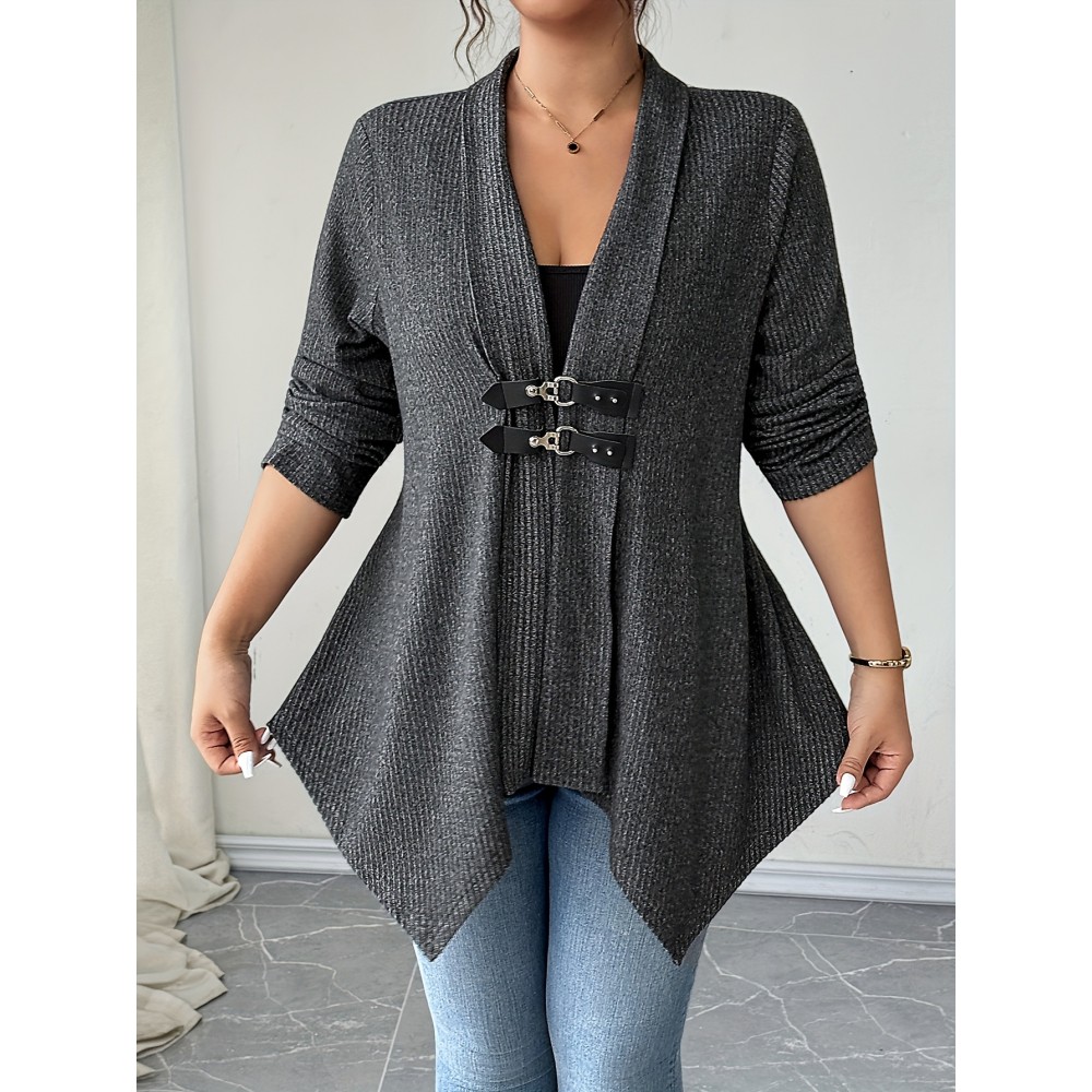 [Plus Size Cardigan] Plus Size - Women's Elegant Casual Cardigan - Long Sleeve, Asymmetrical Hem, Button- Front, Button Closure, Medium Stretch, Solid Color, Perfect for Fall/Winter, Casual Wear Cardigan | Asymmetrical Hemline | Button Closure Coat