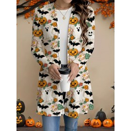 Plus Size, Women's Plus Size Halloween Pumpkin Bat Flower Print Long Sleeve Jacket Cardigan Coat