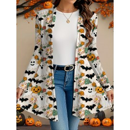 Plus Size, Women's Plus Size Halloween Pumpkin Bat Flower Print Long Sleeve Jacket Cardigan Coat