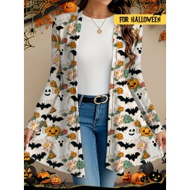 Plus Size, Women's Plus Size Halloween Pumpkin Bat Flower Print Long Sleeve Jacket Cardigan Coat