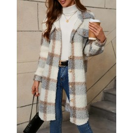 Women's Casual Plaid Faux Fur Coat with Button Front & Lapel Collar - Machine Washable All-Season Outerwear Beige/White/Brown/Gray/Black, Casual Attire, Stylish Jacket, Cozy Fabric, Buttonup Jacket, Fashion Lovers