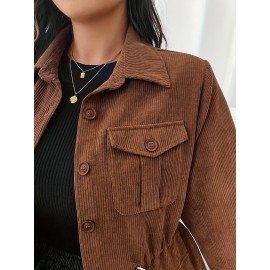 Plus Size, French Elegant Drawstring Waist Women's Plus Size Jacket with Turn- Collar Long Sleeve Pocket Casual Solid Color Blazer