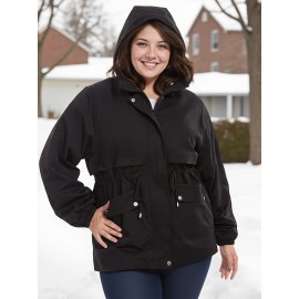 Plus Size - Plus Size Women'S Winter Parka with Drawstring Waist & Hood - Warm Polar Fleece Lined Coat, Casual Black Bomber Jacket for Cold Weather, Winter Parka, Snowy Day Attire, Flared Hem Coat, Nonstretch Fabric
