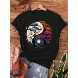 [Season Versatile] Women's Yin Yang Tree of Life Graphic T-Shirt - Short Sleeve Crew Neck, Dark Gray with Colorful Night Sky Design, Casual Summer & Spring Top, Casual Wear Top|Tree Of Life Design|Smooth Texture Shirt