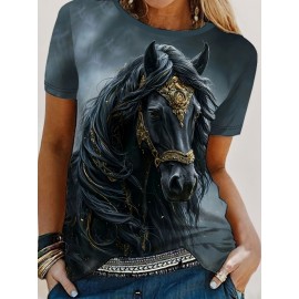 Women's Casual Elegant Horse Graphic T-Shirt - Short Sleeve Round Neck Summer Top with Majestic Black Horse & Golden Bridle Design, Machine Washable Regular Fit, Horse Shirt, Comfortable Pullover, Regal Aesthetic Apparel, Detailed Digital Print