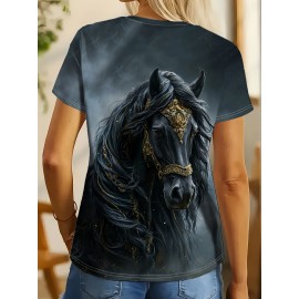 Women's Casual Elegant Horse Graphic T-Shirt - Short Sleeve Round Neck Summer Top with Majestic Black Horse & Golden Bridle Design, Machine Washable Regular Fit, Horse Shirt, Comfortable Pullover, Regal Aesthetic Apparel, Detailed Digital Print