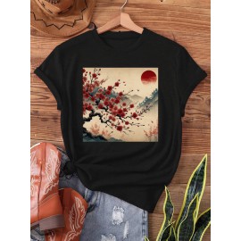 Women's Vintage Japanese Woodblock Print T-Shirt - Cherry Blossom & Red Sun Design, Semi-Sheer Short Sleeve Crew Neck Casual Top, Machine Washable for Spring & Summer, Breathable Fabric