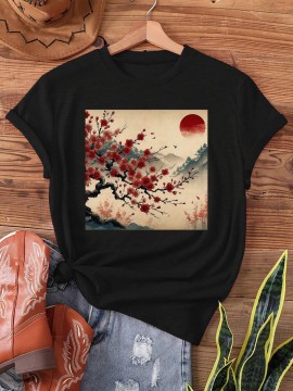 Women's Vintage Japanese Woodblock Print T-Shirt - Cherry Blossom & Red Sun Design, Semi-Sheer Short Sleeve Crew Neck Casual Top, Machine Washable for Spring & Summer, Breathable Fabric