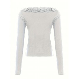 Women'S Vintage-Inspired Ruffle Trim Long Sleeve T-Shirt - Slim Fit, Black, Casual Style with Tie Waist Detail, All-Season Wear, Casual Wear Tee | Ruffle Detail Top | Glossy Texture