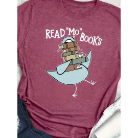 Women's Casual Short Sleeve T-Shirt - Read More Books Graphic Print with Piglets Like Doves Design, Soft Viscose Blend, Lightweight 180gsm, Maroon Book Lover Gift for Teachers & Readers, Machine Washable