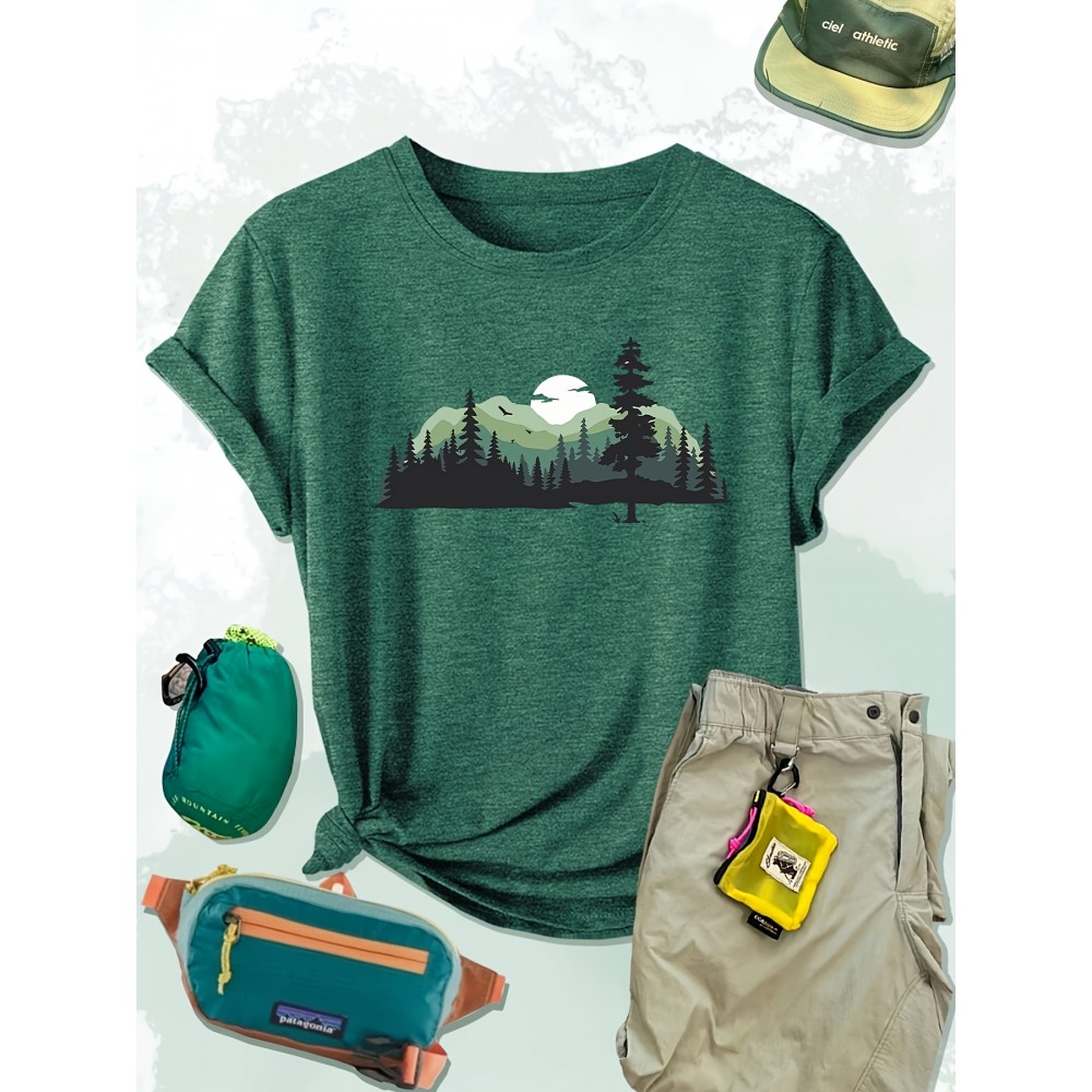 Women'S Casual Forest Print T-Shirt - Breathable Short Sleeve Crew Neck, Dopamine Design, Versatile Outdoor & Top for Spring/Summer/Fall, Forest Shirt