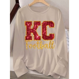 KC Football Long Sleeve Crew Neck T-Shirt - Casual, Alphabet Pattern, Regular Fit, Polyester Knit Fabric, All Seasons, No Belt, Long Sleeve, Regular Sleeve, No Chest Pad, Pullovers, Fabric Weight 180 g/m²