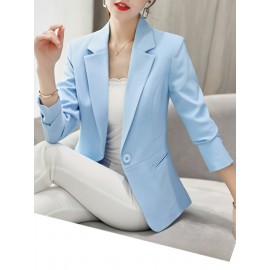 [Elegant Blazer] Polyester Elegant Light Blue Blazer | Women's Single-Breasted Long Sleeves Jacket - Regular Fit, Button-Up Design, Office Attire for Spring/Summer/Fall