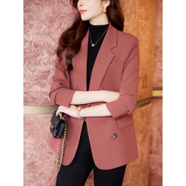 1pc Elegant Women'S Chic Blazer - Polyester Long Sleeve Solid Color Loose Fit Double Breasted Jacket with Button Details for Spring/Fall