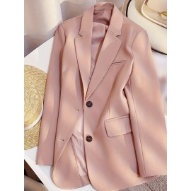 Elegant Pink Double-Breasted Blazer for Women - Versatile Office & Commuter Jacket with Pockets, Long Sleeve, Polyester, Perfect for All Seasons, Office Attire|Sleek Formal Attire|Polyester Blazer