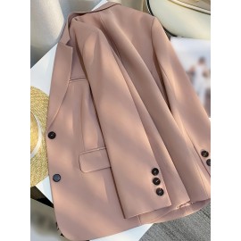 Elegant Pink Double-Breasted Blazer for Women - Versatile Office & Commuter Jacket with Pockets, Long Sleeve, Polyester, Perfect for All Seasons, Office Attire|Sleek Formal Attire|Polyester Blazer