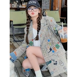 Women's Geometric Print Casual Coat - Loose Fit Mid-Length Jacket with Buttons, 100% Polyester, All-Season Versatile Outerwear