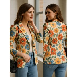 [Floral Print Blazer for Women] Elegant Floral Print Blazer for Women - Vibrant Orange, Yellow & Blue Flowers, Single-Breasted Notch Lapel Jacket, Long Sleeve Regular Fit, All-Season Versatile Office & Casual Wear, Chic Workwear, Sophisticated Tailoring