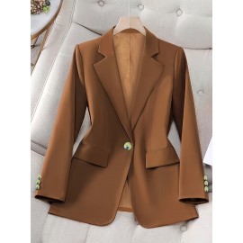 [Lightweight Polyester Blazer] Polyester Women's Lightweight Long Sleeve Blazer | Elegant Solid Color Office Jacket with Decorative Buttons, Notched Lapel, and Chest Pockets, Perfect for Casual or Professional Wear