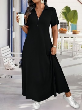 Elegant Plus Size French-Inspired Summer Dress • Waist-Cinching • Short Sleeves • Zipper Detail • Solid Color • Pockets • Flowy Skirt