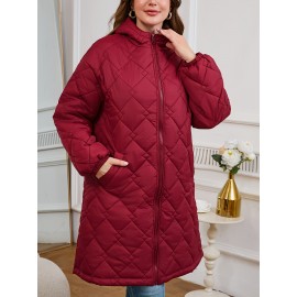Women's Elegant Quilted Hooded Jacket with Zipper Closure - Large Square Pattern, Machine Washable, All-Season Versatile Outerwear for Casual & Formal Wear, Formal Coat, Easy Maintenance Coat