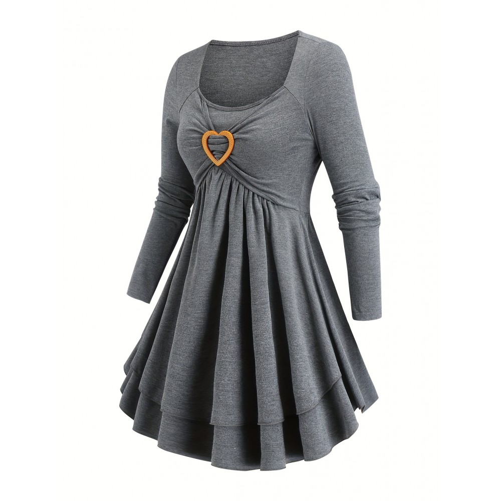 Women'S Elegant Long Sleeve Top with Heart Detail - Casual, Layered, Round Neck, Solid Color, Perfect for Spring and Fall, Casual Attire|Heart Detail Top|Layered Design