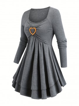 Women'S Elegant Long Sleeve Top with Heart Detail - Casual, Layered, Round Neck, Solid Color, Perfect for Spring and Fall, Casual Attire|Heart Detail Top|Layered Design