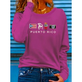 [Stretchy Puerto Rico T-Shirt] Stretchy Polyester Women's Puerto Rico Flag Cartoon Frog Graphic Long Sleeve T-Shirt | Casual Round Neck Top for Spring & Summer Vacation, Machine Washable, Playful Design